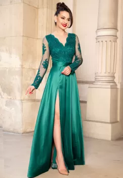 Rochie de seara verde din tafta Joana lunga cu bust din dantela imagine