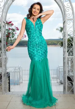 Rochie de seara verde eleganta tip sirena Elvira cu trandafiri 3D imagine