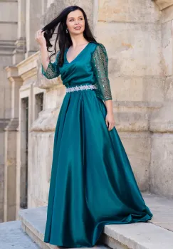 Rochie de seara verde Giorgia lunga din tafta cu maneci paietate imagine