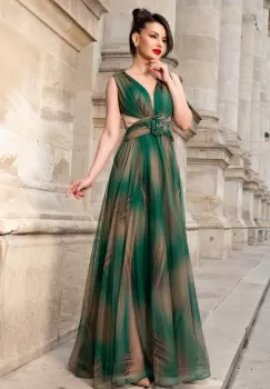 Rochie de seara verde lunga Elissa cu imprimeu tip pictura si floare 3D imagine