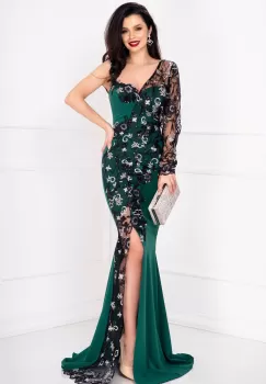 Rochie de seara Victoria verde tip sirena cu broderie si flori 3D imagine