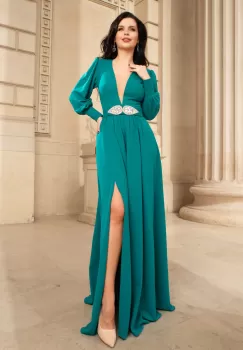 Rochie de soacra Cleopatra verde lunga cu accesoriu pretios in talie imagine