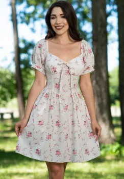 Rochie de vara ecru in clos cu flori imprimate imagine