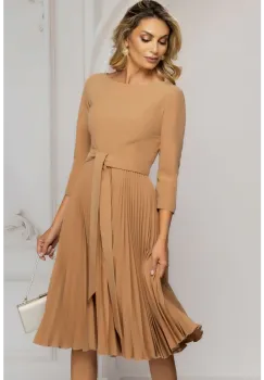 Rochie de zi bej midi cu fusta plisata si cordon in talie imagine