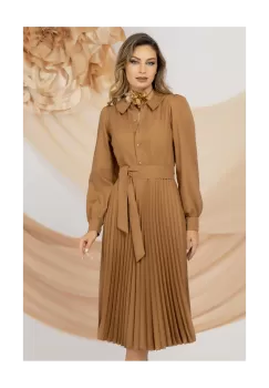 Rochie de zi camel Pretty Girl cu pliseuri imagine