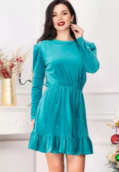 Rochie de zi Cherry din catifea turquoise cu volanas imagine