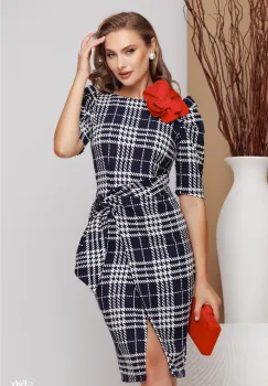 Rochie de zi conica cu imprimeu geometric si floare rosie imagine