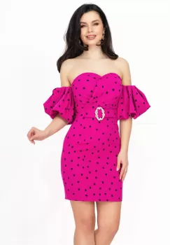 Rochie de zi cu buline Layla fucsia cu maneci gogosar imagine
