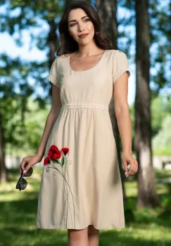 Rochie de zi din in bej cu maci brodati 3D imagine