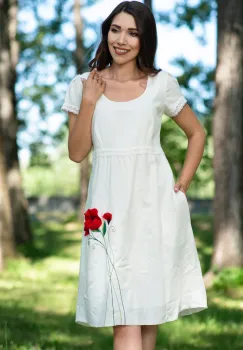 Rochie de zi din in ecru cu maci brodati 3D imagine