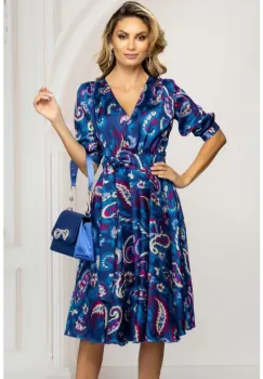 Rochie de zi eleganta albastra in clos cu imprimeu paisley imagine