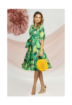 Rochie de zi eleganta in clos verde cu imprimeu pene de paun imagine