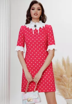 Rochie de zi Fofy in A ciclame cu buline albe guler si mansete plisate imagine