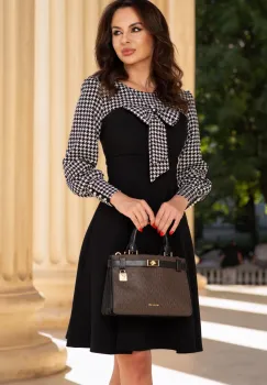 Rochie de zi in clos cu imprimeu pied-du-coq si funda imagine