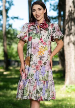 Rochie de zi midi cu maneci gogosar si imprimeu floral imagine