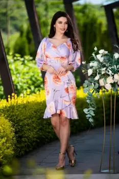 Rochie de zi satinata lila cu imprimeu floral imagine