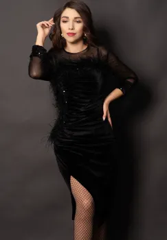 Rochie din catifea neagra Noelia cu paiete si fulgi imagine