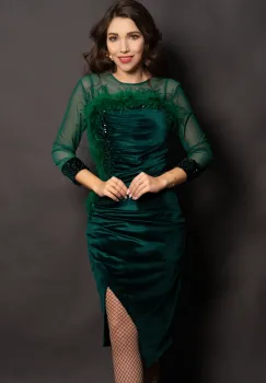 Rochie din catifea verde Noelia cu paiete si fulgi imagine