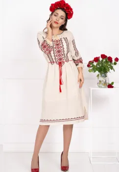 Rochie din in Filipa brodata cu motivul rombului imagine