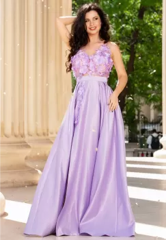 Rochie eleganta Abigail lila tip printesa din tafta cu flori 3D imagine