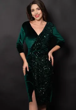 Rochie eleganta Amira verde din catifea cu paiete pe o parte imagine