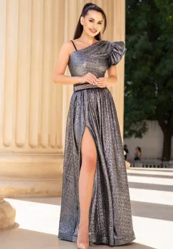 Rochie eleganta argintie Amanda din jacquard creponat imagine