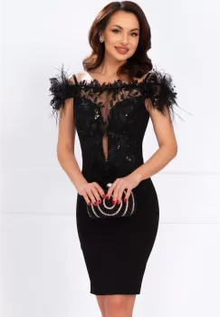 Rochie eleganta Azaleea cambrata neagra cu broderie pretioasa si fulgi imagine
