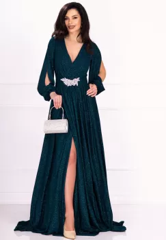 Rochie eleganta Chantal din lurex verde lunga cu sclipici imagine