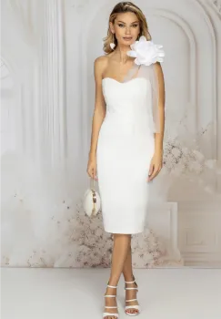 Rochie eleganta conica alba cu floare maxi pe umar imagine