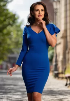 Rochie eleganta de ocazie albastru royal cu volan la un umar imagine