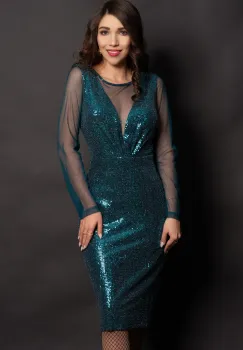 Rochie eleganta de ocazie Celeste cu paiete verzi si maneci din tulle imagine