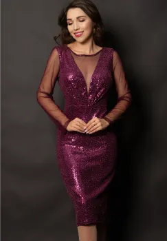 Rochie eleganta de ocazie Celeste mov cu paiete si maneci din tulle imagine