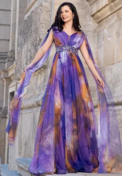 Rochie eleganta de seara Alessandra cu imprimeu tip pictura mov imagine