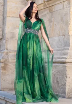 Rochie eleganta de seara Alessandra cu imprimeu tip pictura verde imagine