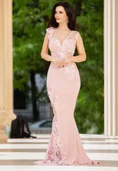 Rochie eleganta de seara sirena Fabrizia roz cu flori 3D brodate imagine