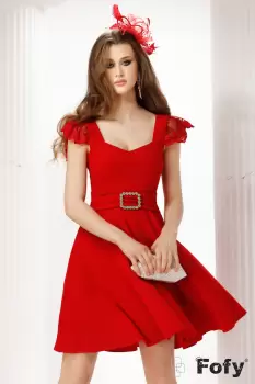 Rochie eleganta Fofy rosie in clos cu volanase din dantela la umeri imagine