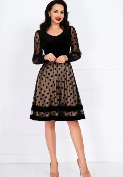 Rochie eleganta in clos din catifea cu dublura bej si buline imagine