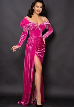 Rochie eleganta lunga Alizee magenta din catifea cu strassuri argintii imagine