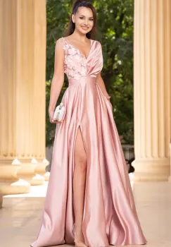 Rochie eleganta lunga din tafta roz prafuit Saturn cu flori 3D imagine