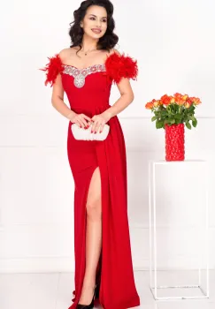 Rochie eleganta lunga rosie tip sirena Alissa cu fulgi si trena imagine