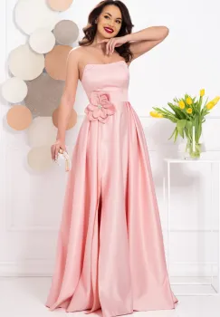 Rochie eleganta lunga roz Lorelai din tafta cu floare 3D imagine