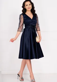 Rochie eleganta midi bleumarin Britney in clos cu maneci din tulle imagine