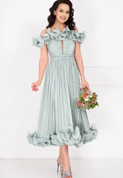 Rochie eleganta midi din organza mint Rosalyn cu volane romantice imagine