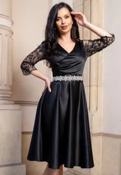 Rochie eleganta midi in clos neagra cu maneci din tulle brodat imagine