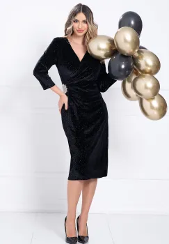 Rochie eleganta neagra din catifea Caterina cu glitter si accesoriu argintiu in talie imagine