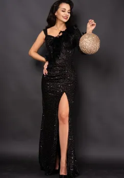 Rochie eleganta neagra Isabela cu fronseuri si insertie de fulgi imagine