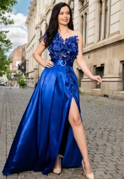 Rochie eleganta Ofelia albastra lunga cu flori 3D imagine