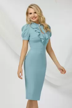 Rochie eleganta Pretty Girl conica mint cu jabou la gat si maneca scurta imagine