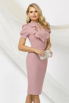 Rochie eleganta Pretty Girl conica rose cu jabou la gat si maneca scurta imagine