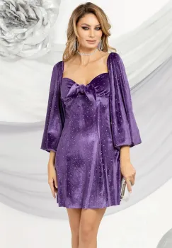 Rochie eleganta Pretty Girl lila lejera din catifea cu insetii argintii imagine